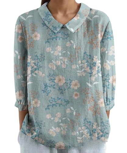 Women's Boho Floral Cotton Linen 3/4 Sleeve Shirt Top Dressy Summer Fall Casual Cute Lapel Loose Blouse