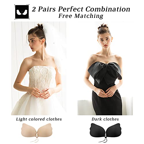 2 Pairs Sticky Bra Backless Strapless Push up Bras for Women, Adhesive Invisible Lift Lace up Bra for Breasts - Fit for C Cup