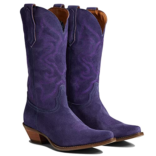 Image of LEHOOR Cowboy Boots Women Embroidered Mid Calf Western Boots Stacked Low Heel Pointed Toe Pull On Cowgirl Boot 4-11 M US
