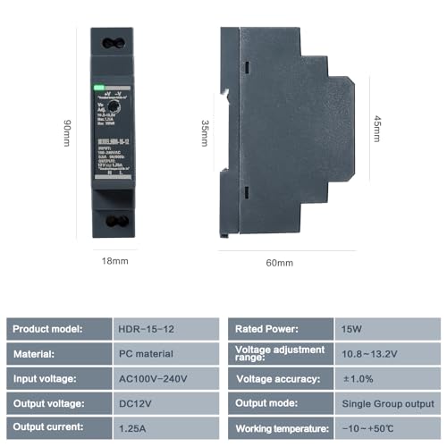 Image of Jadeshay 12V Din Rail Power Supply, HDR-15-12 1.25A 15W Switching Power Supply 12V DC Power Supply Din Rail Mount