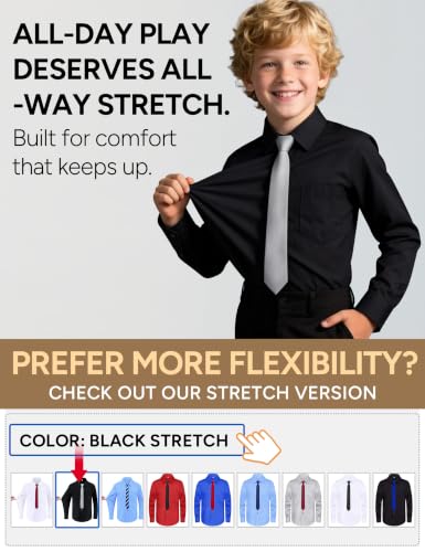 Image of Boys Long Sleeve Button-Down Dress Shirts with Tie: 2 Fabrics (Stretch /Standard) & 2 Fits (Regular /Husky)