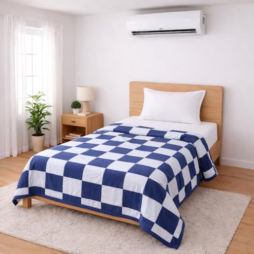 Image of Single Bed Dohar Classic Navy Check | Lightweight Summer Quilt | Soft Microfiber AC Blanket | Breathable All Season Comforter | Skin Friendly Bed Cover