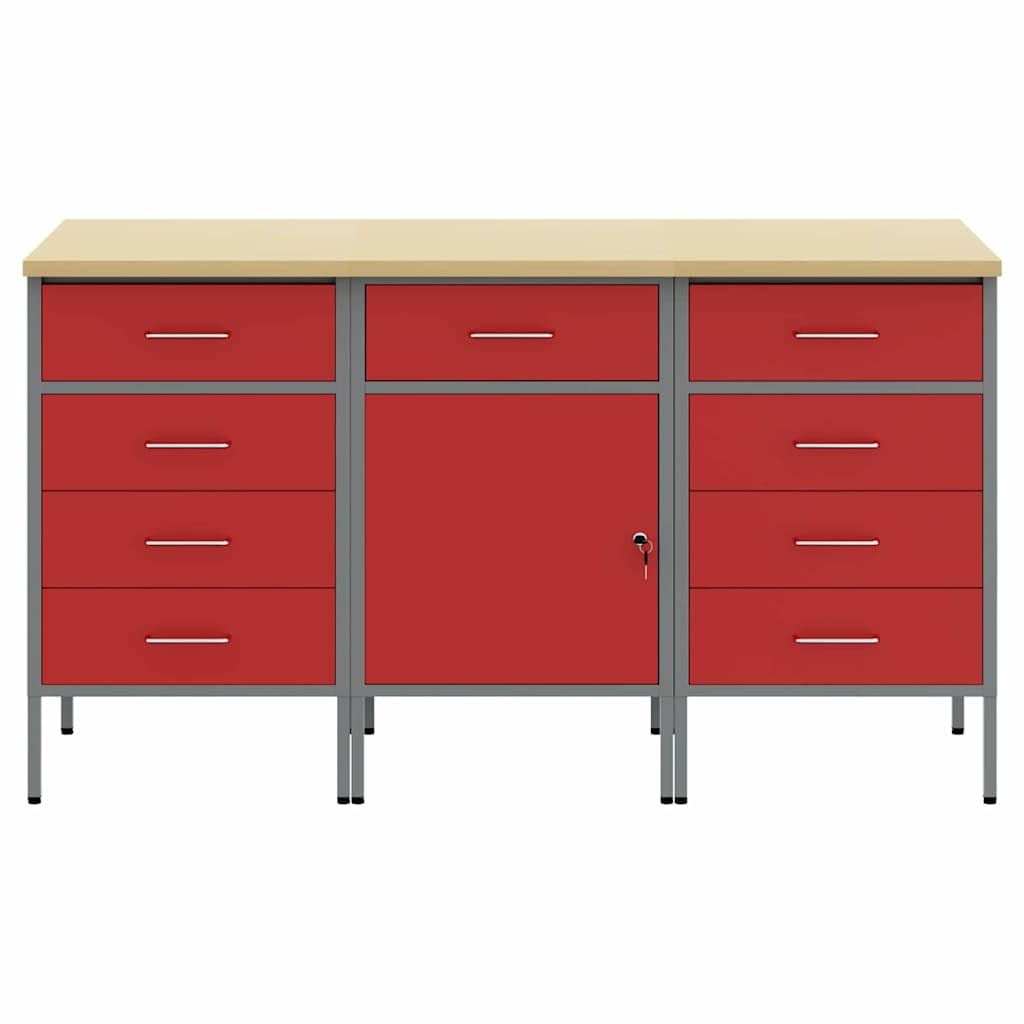 BANCO DA LAVORO CON CASSETTI 3 PEZZI ROSSO E GRIGIO 150x55x85 cm Armadio da officina in legno e acciaio resistente con ripiani e scomparti per attrezzi