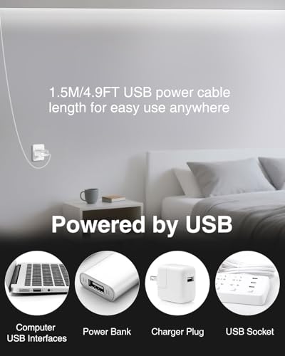 Image of Aclorol 6 FT USB LED Strip Lights for Bedroom 2 Pack Cold White 6000K | Dimmable Brightness, 5V COB LED Strip with Self-Adhesive, Flexible for Bedroom Kitchen Cabinet Mirror Staircase DIY Lighting