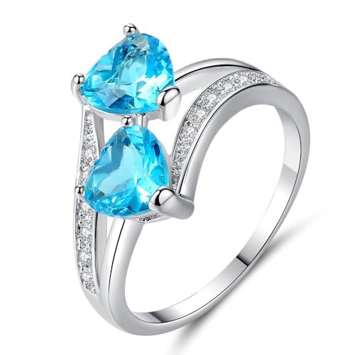 Silver Plated Double Heart Cut Created Blue Topaz Cubic Zirconia Filled Engagement Wedding Proposal Promise Twisted Band 2-Stones Love Ring for Women Lovers