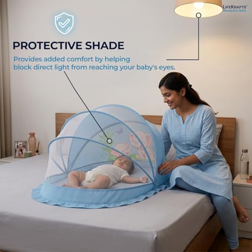 Image of LifeKrafts Foldable Bottomless Baby Mosquito Net | Cradle & Bed Net for Newborns & Infants (0-24 Months) | Breathable Mesh Protection | Baby Blue Elephant Design | 90 x 50 x 50 cm
