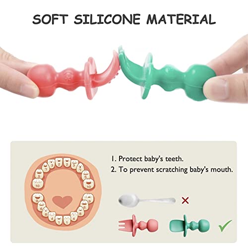 4 Pack Baby Utensils Self Feeding 6+ Months, Silicone Baby Spoons And Forks, Toddler Utensils For Baby Led Weaning, Chewable Utensils First Stage, Red, Orange #TOP6