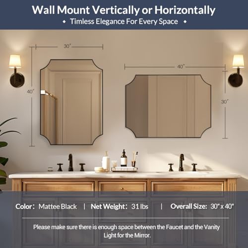 Image of MIRRORART Large Scalloped Bathroom Mirrors for Wall, 30x40'' Black Mirror