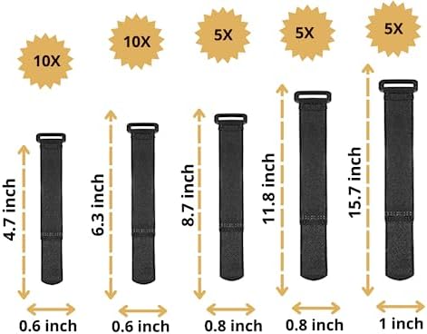 Hazarox 35x 5-16 inch Reusable Nylon Cable Straps with Hook and Loop and buckles, Self-Adhesive Cable ties, heavy duty (Black)