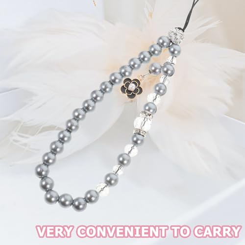 Cadena para celular de perlas artificiales y cuentas grises con acabado de flor detallado 5