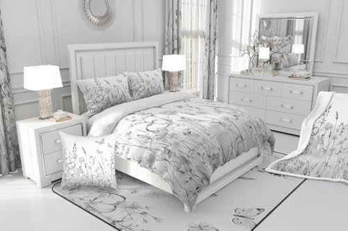 Housse de couette fleurs grises avec fermeture éclair, linge de lit double premium - 8