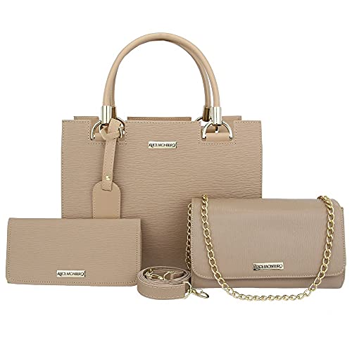 Kit Bolsa Feminina Castelo + Clutch Alça de Corrente + Carteira Alice Monteiro Cor:Bege;Tamanho:Único;Gênero:Feminino