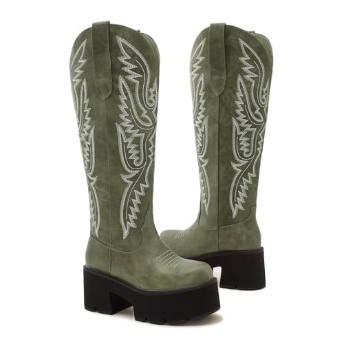Image of Uillnoodu Wide Calf Cowboy Boots Women Adjustable Lace Up Knee High Tall Plus Size Cowgirl Boots Western Style Comfortable 2-Inch Heel