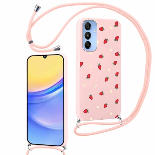 Foonary Funda con Cuerda para Samsung Galaxy A15 5G 6,5', Carcasa Ultrafina Silicona Aesthetic Flor Dibujos Case con Ajustable Collar Correa de Cuello Cordón Cover para Samsung A15 5G, Fresa