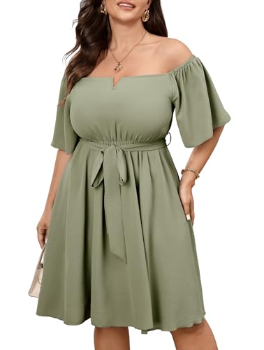 Image of SCOMCHIC Womens Plus Size Cocktail Dress Summer Off Shoulder Short Sleeve Flowy Ruffle A-Line Cute Mini Dress with Belt