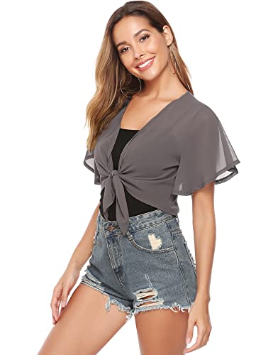 Iclosam Women Tie Front Chiffon Shrug Short Sleeve Cropped Sheer Bolero Shrug Cardigan (Dark Grey, Small) #TOP3