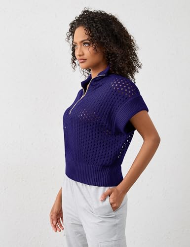 Image of Womens Spring Cap Sleeve Crochet Sweaters Loose Fit Quarter Zip Lightweight Hollow Out Beach Vacations Clothes