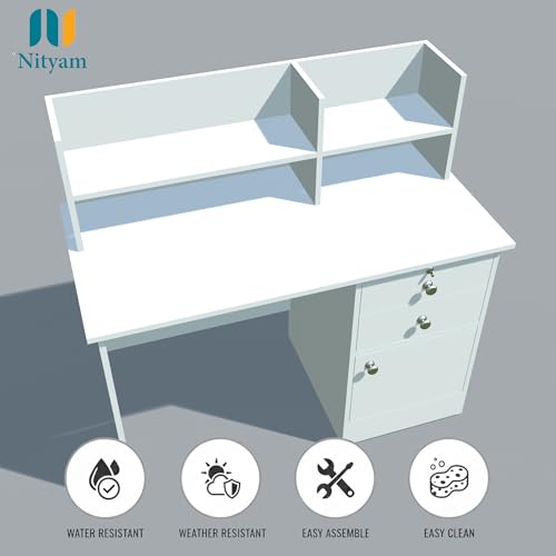 Image of Nityam Multipurpose Computer Table with Drawer | Study Table with Book Shelf for Student |Office Table for Work Home (Color-White)