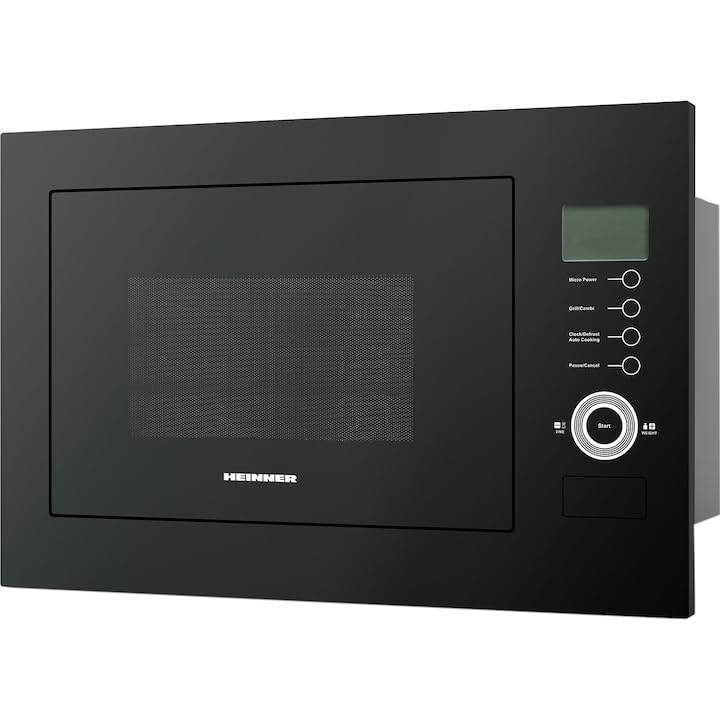Einbau-Mikrowelle HMW-25BIGBK, 25 L, 900 W Mikrowelle, 1000 W Grill, Touch-Bedienfeld, LCD-Display, 5 Leistungsstufen, 8 Automatikprogramme, Auftaufunktion, Glasdrehteller, Schwarzes Glas