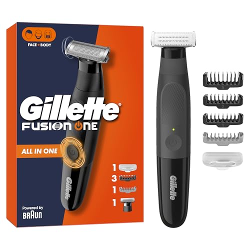 Gillette Fusion One Recortadora de Barba Y Afeitadora Corporal, Barbero Todo en Uno para Cara Y Cuerpo, Cabezal Pivotante, 4 Peines, Tapa Protectora, Resistente al Agua, Inalámbrica, 45 Min de Uso