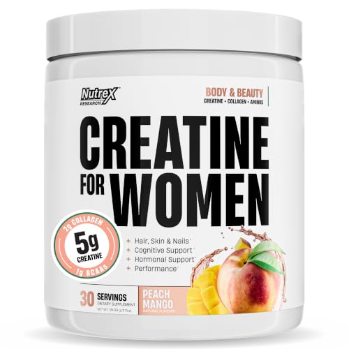 Nutrex Research Creatine for Women Booty & Beauty Peach Mango | 5g Creatine 2g Collagen BCAAs & Hyaluronic Acid for Glutes Strength & Skin | Gluten Free 30 Servings