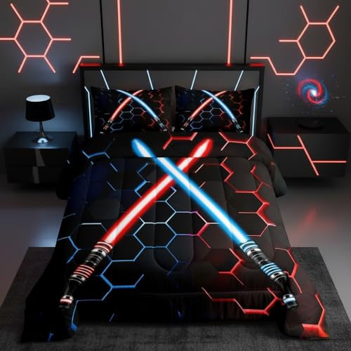 Neon Red Blue Lightsaber Bedding Set Twin Size Geometric Honeycomb Comforter Set 2Pcs for Kids Girls Boys Teens Room Decor Fashion Games Quilt Set Black 3D Hexagon Duvet Insert,1 Pillowcase