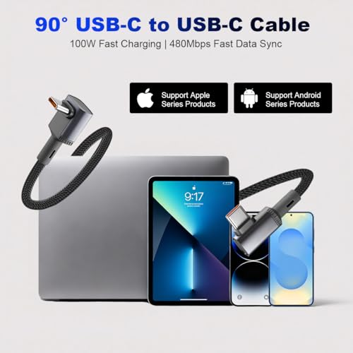 Image of Verilux Right Angle PD 100W Type C Cable Fast Charging 10FT, Nylon Braided C Type Charger Cable with 480Mbps Data Sync, Dual L Shaped for iPhone 17 /16 /15, Galaxy S26 /S25 /S24, Laptop, Tablet