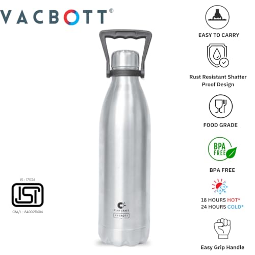 Image of Clay Craft VACBOTT Stark Double Walled 18 Hours Hot and 24 Hours Cold Water Flask Bottle-1800ML, Leak Proof|Easy to Carry|Gym Bottle|Kitchen|Hiking|Travel Bottle|BIS Certified|1 Year Limited Warrnaty