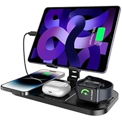 Cargador De Tablet Inalambrico Cargador Inalámbrico iPhone para Apple Estación de Carga, 4 en 1 Soporte Tablet Ajustable, Wireless Charger de Carga Rápida 18W para iPhone 14 Pro MAX, Base de Carga Múltiple para iWatch 8, Air Pods