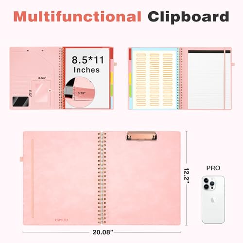 Image of Clipboard with Storage for Men Women, Leather Padfolio Portfolio Organizer 5 Folders with 10 Pockets, Spiral Clipboard Folio with Notepad for Letter Size, Elastic Closure and Pen Loop Pink