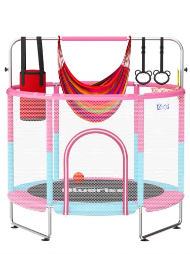 Image of BLUERISE 55IN 6FT Indoor /Outdoor Toddler Trampoline for Kids | Galvanized Steel Pipe,Multiple Activity Accessories,110lb,Safety Enclosure,Basketball Hoop,No-Gap Design,Anti-Rollover Bottom