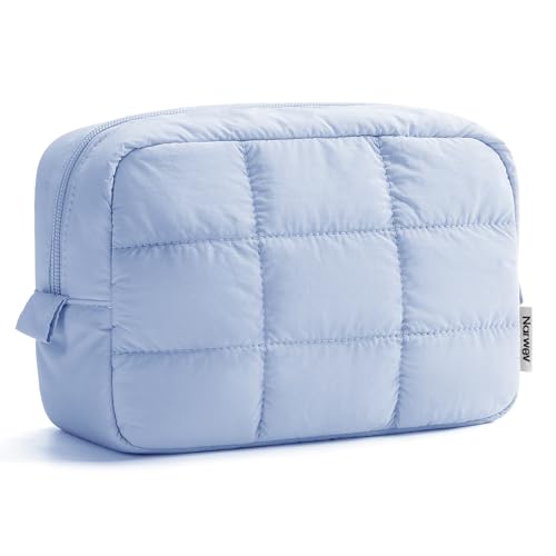 Narwey Quilted Makeup Bag for Women Girl Puffer Travel Cosmetic Bag Puffy Make Up Bag Organizer Cute Travel Toiletry Bag for Toiletries (Blue)