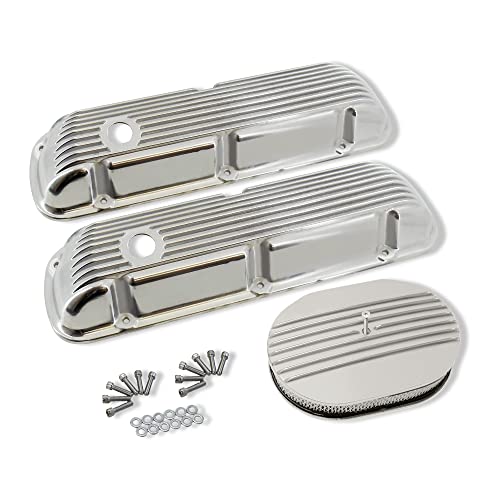 Demotor Performance Finned Polished Aluminum Short Valve Covers For Sbf 289 302 351W & 12 Oval Partial Finned Air Cleaner Kit #TOP18