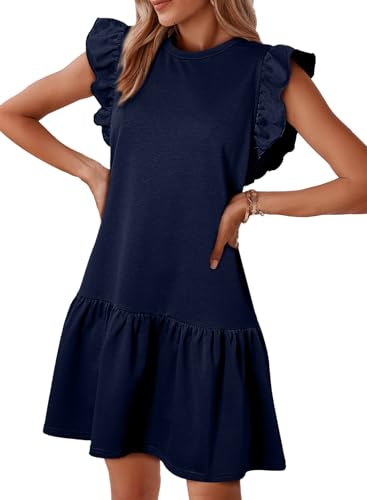 Image of Acelitt Womens Casual Summer Crewneck Babydoll Flowy Tiered Mini Dress, S-XXL
