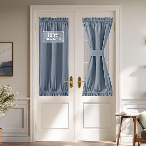 NICETOWN 100% Blackout Linen French Door Curtain, Thermal Insulated Door Shade for Privacy Thermal Insulated Window Covering for Bedroom Living Room,