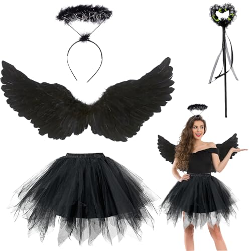 Costume Ailes d'ange noires pour Femme, Ailes d'ange noires enfant avec Baguette et Tête, Costume d'ailes d'ange déchu pour Halloween, Costume d'Ailes...