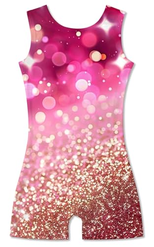 Funnycokid Gymnastics Leotards for Girls Kids Outfits Sparkly Unitards Clothes with Shorts, Diamond Pink Gold, 6-7 Years