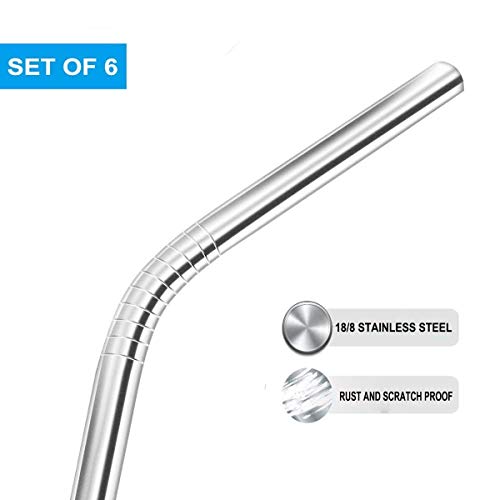 Image of Expresso New Set of 6 Reusable Stainless Steel Drinking Straws 10.5'' (6 Bent & 2 Cleaning Brushes) - BPA Free Metal, Thick, Long, Dishwasher Safe - for Smoothies, Tumblers, Travel & More