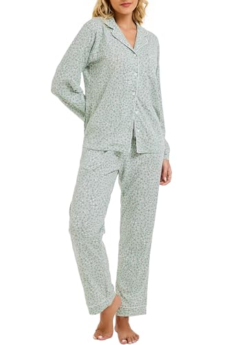 Image of LUBOT 100% Cotton Pajamas for Women Pajama Set 2 Piece PJ Sleepwear Set Soft Ladies Button Knit Long Sleeve Loungewear XS-XXL