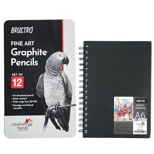 Image of BRUSTRO Artists Fineart Graphite Pencil Set of 12 (10B-2H) with Artists Sketchbook, A6, Wiro Bound, 116 Pages 160 GSM |Ideal for Drawing,Sketching,Mandala,Shading,Artwork, Artists, Professionals.