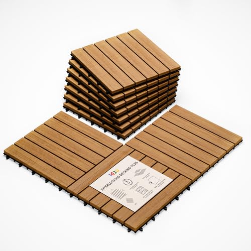 Idzo Interlocking Deck Tiles 9.6 SQFT - 10PCS Waterproof Acacia Wood Patio Tiles, Flooring Tiles for Indoor and Outdoor - Decking Stripe Pattern, 11.81 x 11.81 x 0.91 Inches, Golden