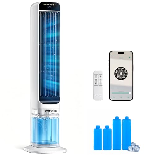 KOMORE 3-IN-1 Evaporative Air Cooler 5L Tower Cooling Fan with 3 Modes 3 Speeds 70Oscillation 4 Ice Packs Air Cooler with Remote/APP 12H Timer LED Display Portable Cooler Fan for Bedroom Home