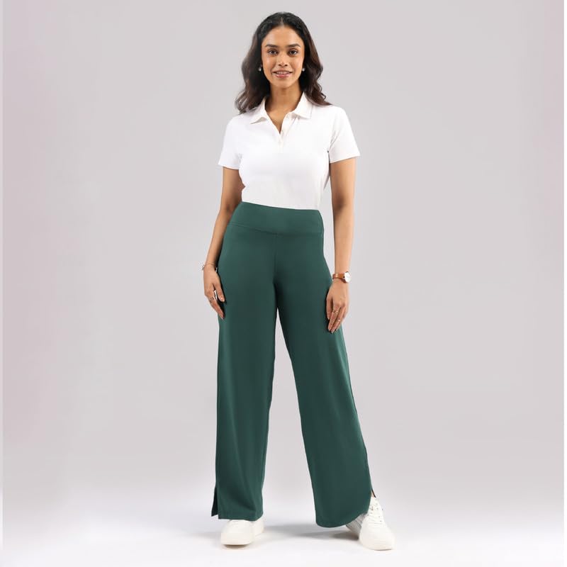 Image of BlissClub AM:PM Cotton Wide Leg Pants - Lite, Cotton Pants, Wide Waistband, Slit at Hem, Side Pockets, Regular (for Women Upto 5'4 ft)