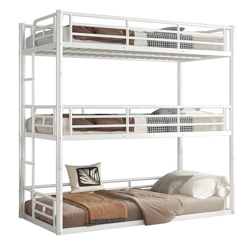 Image of Twin Over Twin Over Twin Bunk Bed with Safety Guardrails, Modern Metal Triple Bed Frame for Kids, No Box Spring Required, White