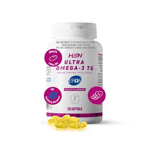 HSN Ultra Omega 3 IFOS 5 Estrellas | 120 Perlas | 350mg de EPA + 250mg DHA | 1000mg Puro Aceite de Pescado en Forma de Triglicéridos Altamente Concentrado | No-GMO, Sin Gluten