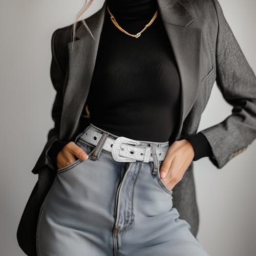 Rhinestone Belt for Women, Y2K Sequin Silver Buckle Statement Bling Belt for Jeans3