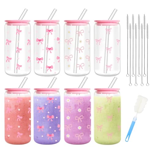 Rojuna 8Pcs Coquette Bow Glass Cup with Lids & Straws 16oz Pink Cup Iced Coffee Tumbler Trendy Glass Mug for Girls Women Friends Sisters