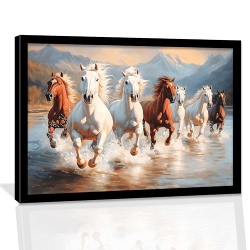 Image of HOTHOUSE Seven Running Vastu Lucky Horse and Rising Sun Painting | 7 Horses Vastu Frame Wall Art Painting for Living Room Bedroom Office Home Decor Wall Decor Size (13X17 inch)