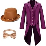 Geyoga Halloween Mens Steampunk Vintage Tailcoat Jacket Costumes Medieval Gothic Uniform and Hat Bow Tie (Purple,XX-Large)