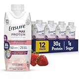 Ensure Max Protein Nutrition Shake with 30g of Protein, 1g of Sugar, High Protein Shake, Creamy Strawberry, 11 fl oz, (Pack of 12)